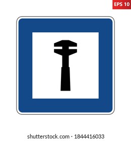 Repair service road sign. Vector illustration of blue square traffic sign with black monkey wrench / tool icon inside. Car service symbol isolated on white background used in Germany.