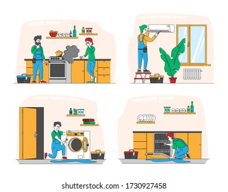 Repair Service Set. Husband for an Hour Male Characters in Uniform Working with Instruments Fixing Broken Technics at Home. Electrician, Plumber Call Master at Work. Linear Vector People Illustration