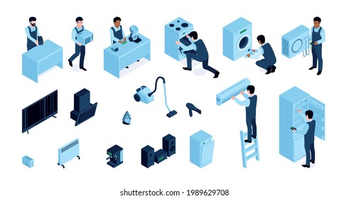 Conjunto de servicios de reparación con símbolos de mantenimiento ilustración vectorial aislada isométrica