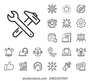 Repair service sign. Place location, technology and smart speaker outline icons. Spanner and hammer line icon. Fix instruments symbol. Spanner tool line sign. Influencer, brand ambassador icon. Vector