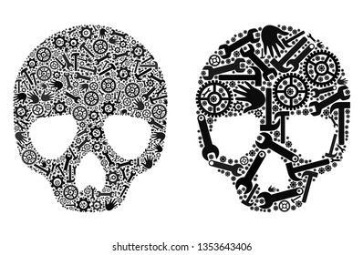 Repair service skull icon collage of service tools. Abstract vector skull symbol is formed with gearwheels, hands, hammers and spanners. Concept of maintenance workshop.