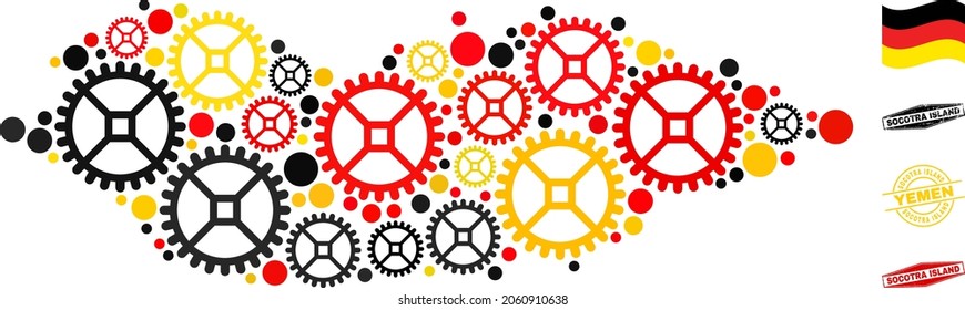 Repair service Socotra Island map collage and seals. Vector collage is formed from service elements in various sizes, and German flag official colors - red, yellow, black.