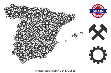 Repair service Spain map composition of service tools. Abstract geographic scheme in gray color and best quality badge. Vector Spain map is constructed of gears and wrenches.