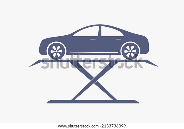 Сar repair and service station. Car lifted on\
auto lift. Tire services. Single color monochrome. Flat vector\
illustration. Isolated