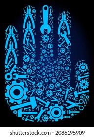 Repair service stop hand collage of service tools on a dark blue gradient background. Vector stop hand is formed of blue gear wheels, spanners, and other tools, and based on stop hand icon.