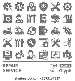 Repair service symbols collection or sketches. handyman job theme in glyph style signs for web and app. Vector graphics isolated on white background