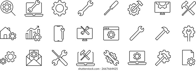 Reparar conjunto de ícones de linha fina do Serviço. Símbolo de contorno de reparação de computador, de linha fina símbolos editáveis ilustração, dispositivos, ferramentas, gadgets em estilo linear.
