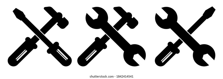 Repair service toolkit. Maintenance spanner and hammer silhouette icons. Isolated wrench and screwdriver symbols on white background. Settings pictogram. Fix emblem. Vector EPS 10