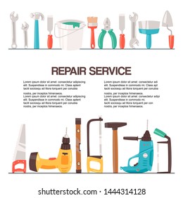 Repair service tools banner vector illustration. Home repair. Construction equipment. Hand supplies for house renovation and rebuilding. Hammer, drill, saw, putty knife and ruler.