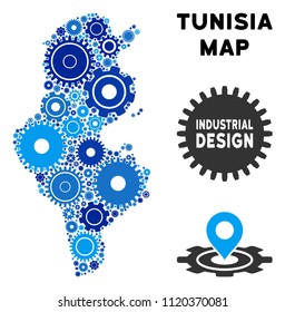 Repair Service Tunisia map mosaic of cogs. Abstract territorial scheme in blue shades. Vector Tunisia map is organized of cogs. Concept for technician company.