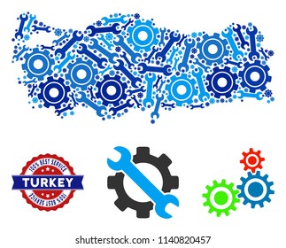 Repair service Turkey map mosaic of service tools. Abstract territory plan in blue colors and best service award. Vector Turkey map is shaped from cogwheels and spanners. Concept of mechanic service.