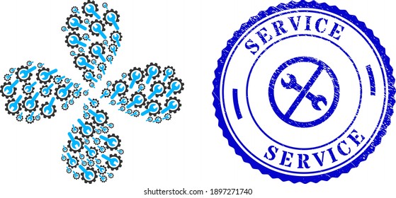 Repair service twirl flower with four petals, and blue round SERVICE unclean stamp seal with icon inside. Element twirl created from oriented repair service symbols.