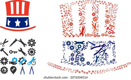 Repair service Uncle Sam hat mosaic of service tools. Vector Uncle Sam hat is done with gear wheels, spanners, and other tools, and based on Uncle Sam hat icon. Abstraction of industrial company.