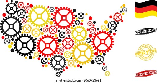 Repair service United States map collage and stamps. Vector collage is composed with service icons in different sizes, and Germany flag official colors - red, yellow, black.