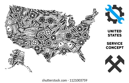 Repair service USA with Alaska map mosaic of instruments. Abstract territorial plan in grey color. Vector USA with Alaska map is made of gears, hammers and other technical icons.