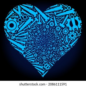 Repair service valentine heart mosaic of service tools on a dark blue gradient background. Vector valentine heart is shaped of blue cogwheels, spanners, and other instruments,