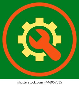 Repair Service vector bicolor icon. Image style is a flat icon symbol inside a circle, orange and yellow colors, green background.