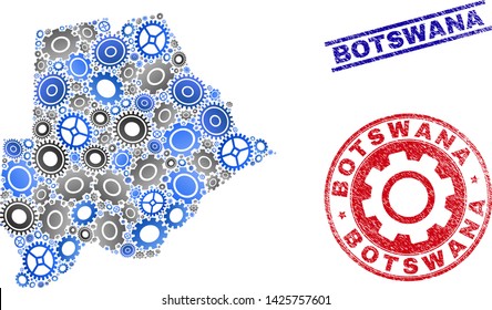 Repair service vector Botswana map composition and seals. Abstract Botswana map is designed with gradient random gear wheels. Engineering territory plan in gray and blue colors,