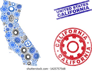 Repair service vector California State map collage and stamps. Abstract California State map is created of gradient scattered cogwheels. Engineering geographic plan in gray and blue colors,