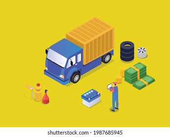 Repair service vector concept. Male mechanic using a laptop to repairs truck while working in the workplace