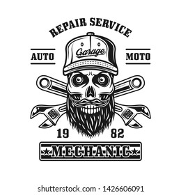 Repair service vector emblem, label, badge or logo with mechanic skull in monochrome vintage style isolated on white background