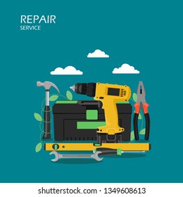 Repair service vector flat style design illustration. Toolbox, drill, hammer, screwdriver, level, pliers. Hand tools for home renovation. Repair and construction tools for web banner, website page etc