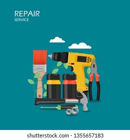 Repair service vector flat style design illustration. Drill, hammer, screwdriver, pliers, nuts, paintbrush, paint jars. Hand tools for home renovation and decoration for web banner, website page etc.