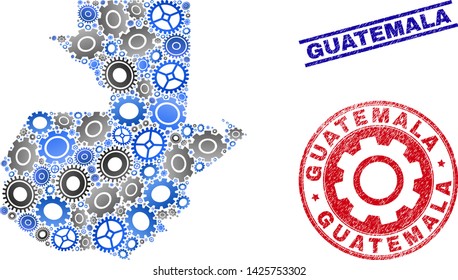Repair service vector Guatemala map mosaic and stamps. Abstract Guatemala map is created with gradiented scattered cogwheels. Engineering territory plan in gray and blue colors,