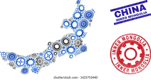 Repair service vector Inner Mongolia map mosaic and stamps. Abstract Inner Mongolia map is designed from gradient random cogs. Engineering territorial plan in gray and blue colors,
