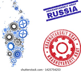 Repair service vector Krasnoyarskiy Kray map collage and stamps. Abstract Krasnoyarskiy Kray map is done of gradiented randomized cogwheels. Engineering territory scheme in gray and blue colors,