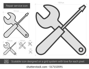 Repair service vector line icon isolated on white background. Repair service line icon for infographic, website or app. Scalable icon designed on a grid system.