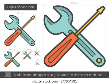 Repair service vector line icon isolated on white background. Repair service line icon for infographic, website or app. Scalable icon designed on a grid system.