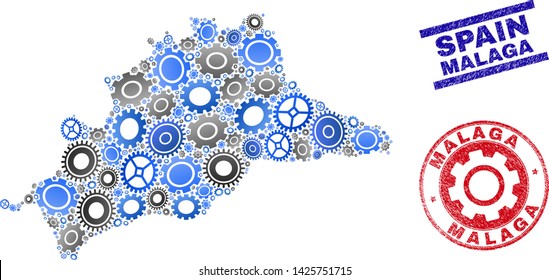 Repair service vector Malaga Province map mosaic and seals. Abstract Malaga Province map is done from gradient randomized cogwheels. Engineering territorial scheme in gray and blue colors,