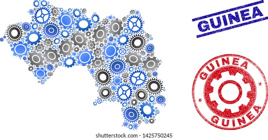 Repair service vector Republic of Guinea map composition and seals. Abstract Republic of Guinea map is composed of gradient random cogwheels. Engineering territory scheme in gray and blue colors,