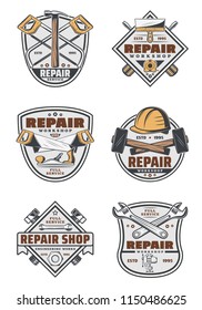 Repair service vintage emblems with house renovation and construction work tools. Hammer, screwdriver and wrench, spanner, saw and spatula, screw, hard hat and tape measure retro badges design