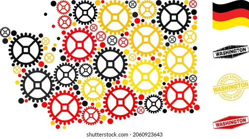 Repair service Washington State map mosaic and stamps. Vector collage is composed of repair workshop elements in various sizes, and German flag official colors - red, yellow, black.