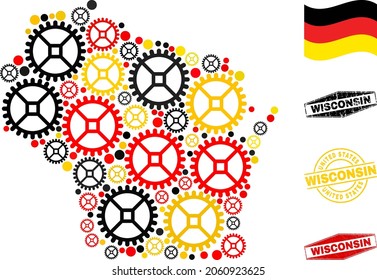 Repair service Wisconsin State map collage and stamps. Vector collage is created with service items in various sizes, and German flag official colors - red, yellow, black.