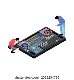 Reparación de trabajadores de servicios reparación de imágenes vectoriales isométricas de hardware de equipos