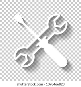 Repair service, wrench and screwdriver, tools. White icon with shadow on transparent background