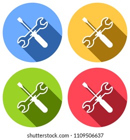 Repair service, wrench and screwdriver, tools. Set of white icons with long shadow on blue, orange, green and red colored circles. Sticker style