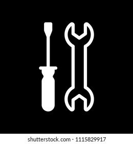 Repair service, wrench and screwdriver, tools. White icon on black background. Inversion