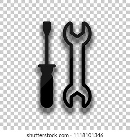 Repair service, wrench and screwdriver, tools. Black glass icon with soft shadow on transparent background
