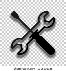 Repair service, wrench and screwdriver, tools. Black glass icon with soft shadow on transparent background