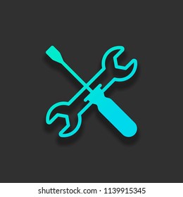 Repair service, wrench and screwdriver, tools. Colorful logo concept with soft shadow on dark background. Icon color of azure ocean