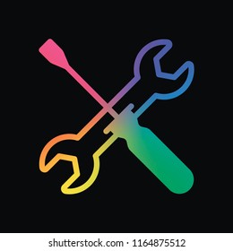 Repair service, wrench and screwdriver, tools. Rainbow color and dark background