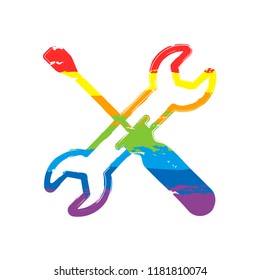 Repair service, wrench and screwdriver, tools. Drawing sign with LGBT style, seven colors of rainbow (red, orange, yellow, green, blue, indigo, violet