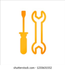 Repair service, wrench and screwdriver, tools. Orange sign with low light on white background