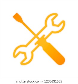 Repair service, wrench and screwdriver, tools. Orange sign with low light on white background