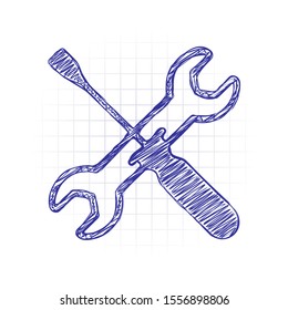 Repair service, wrench and screwdriver, tools. Hand drawn sketched picture with scribble fill. Blue ink. Doodle on white background