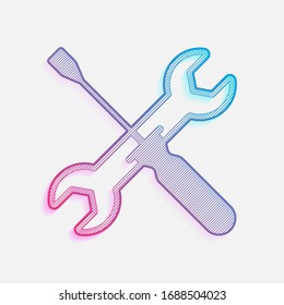 Repair service, wrench and screwdriver, tools. Technology logo with diagonal lines and colored gradient. Neon graphic, light effect. Blue and red colors